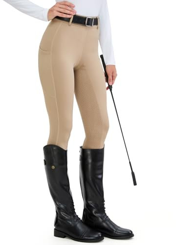 H.MILES Reitleggings Damen Vollbesatz High Waist Elastische Reithose Damen mit Handytasche Gürtelschlaufen Khaki M