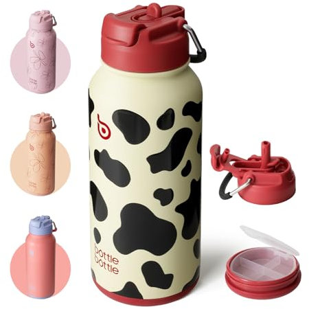 BOTTLE BOTTLE Gourde isotherme avec pilulier Bouteille isotherme de 900 ml Gourde sport en acier inoxydable pour l'extérieur, la randonnée (vache)