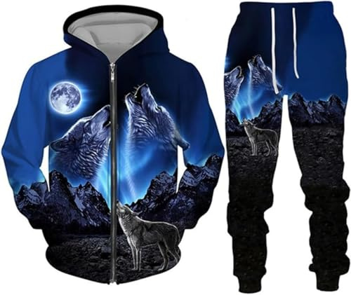 lFTEGUFKXS - Tuta sportiva da uomo con cappuccio a tema Natale Lupo, Hoodie e pantaloni da jogging per uomo, tuta da allenamento a tema Tigre, S9, L