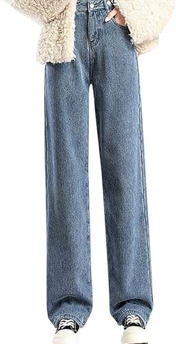 Jean thermique pour femme - Grandes tailles - Jeans doublés pour femme - Pantalon d'hiver thermique ample - Pantalon d'hiver droit - Jambe large - Jeans taille haute - Pantalon de loisirs - Pantalon