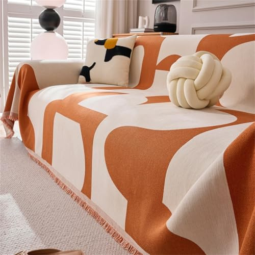 Morbuy Jeté de Canapé Grande Taille Antidérapant pour Canapés 1, 2, 3 ou 4 Places Housse de Canapé Réversible Lavable Serviette de Canapé avec Glands (180 * 150cm,Mode-Orange)