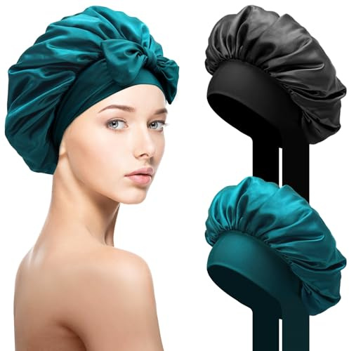Bonnet de Soie pour Cheveux, Doux pour la Nuit, 2 Pièces pour Cheveux Longs et Bouclés, Respirant avec Large Bande Ajustable pour Attacher à la Tête