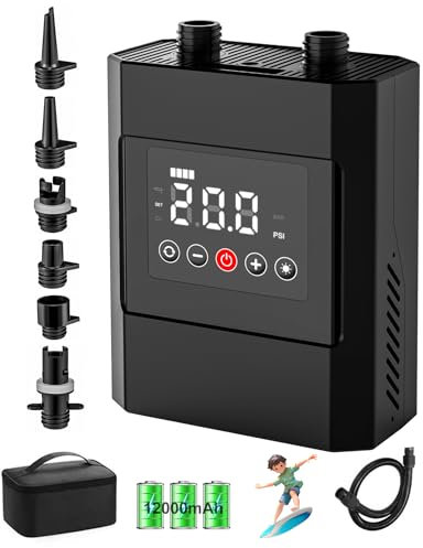 Pompe électrique 20PSI pour Stand Up Paddleboard, 12000mAh Batterie Rechargeable Sup Air Pump Portable, Gonflage et dégonflage à Deux Niveaux, Pompe Auto-Off pour Stand Up Paddleboard, Kayaks