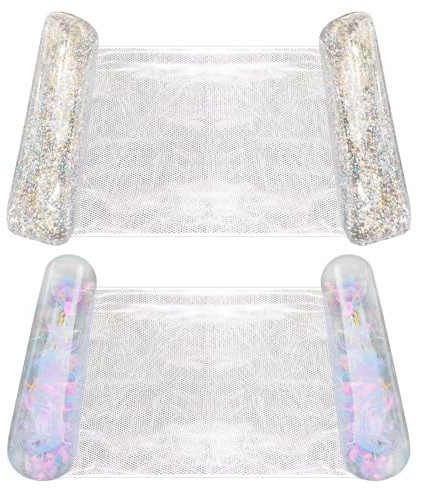 4 in 1 Amaca ad Acqua - 2 Pezzi Materasso Gonfiabile, Mare Amaca Galleggiante, Materassino Piscina Portatile con Paillettes, Lettino Relax Pieghevole, Poltrona/Sdraio/Tappetino Galleggiante per Piscin