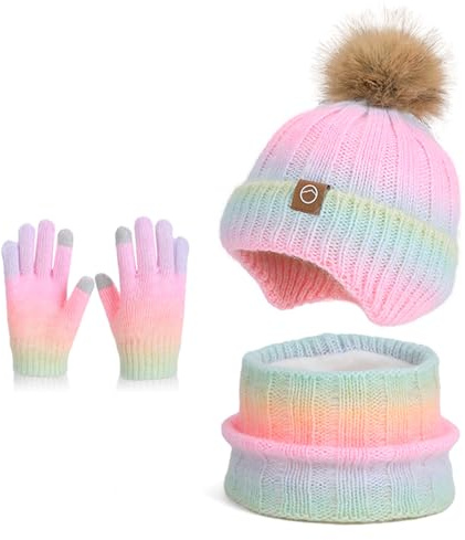QKURT Conjunto de gorro, bufanda y guantes de invierno niños. Gorro de punto cálido y colorido, bufanda tubular, guantes mágicos con forro polar suave y pompón. Tallas de 4 a 10 años.