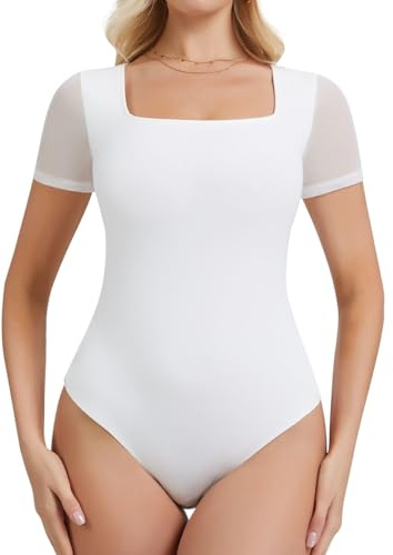 SHAPERIN Body Femme Manche Courte Col Carré Haut Élégant en Résille Bodysuit Blouse Top Uni T-shirt Patchwork