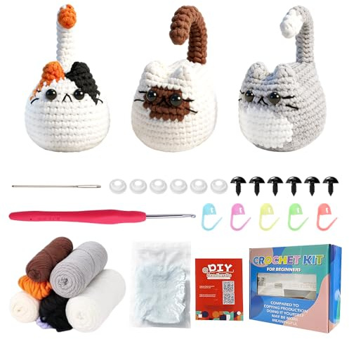ADDLIVE Crochet Kit Principiantes, Kit Crochet Principiantes, 3 Adorables Gatos Kit de Crochet con Hilo, Ganchos, Agujas, Explicación en Vídeo Paso a Paso, Kit Ganchillo Principiantes para Adulto
