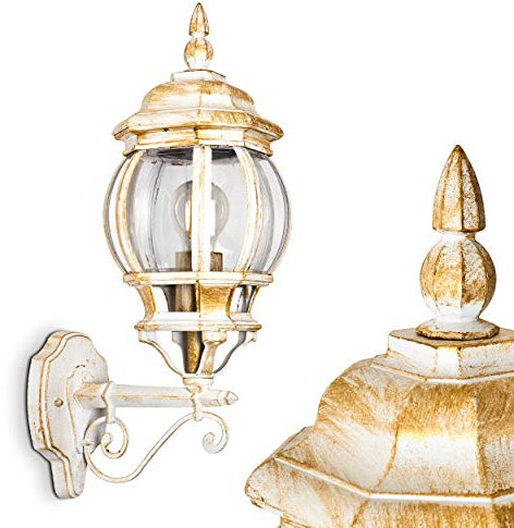 Outdoor Wall lamp Lentua, Wall lamp Upwards in Antique Look, cast Aluminium in White/Gold with Plastic Discs, Wall Light, E27-socket, Outdoor lamp for Terrace, Veranda and Courtyard, Without Bulb