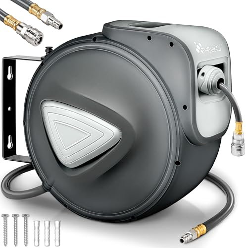 TRESKO® Carrete de Manguera de Aire Comprimido de 15 m | Conector de 1/4 | Enrollador de Manguera Automático | con Soporte para Pared | Rotación de 180° | Tope Final Ajustable, Gris