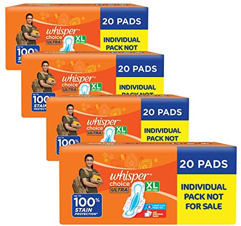 Whisper Choice Ultra XL dambindor, tunn, storlek XL, upp till 100 % fläckskydd, sidosäkra vingar, med flytande lock Magic Gel, 20 % breda, dri-weave överblad, 28,4 cm lång, med engångsfolie,
