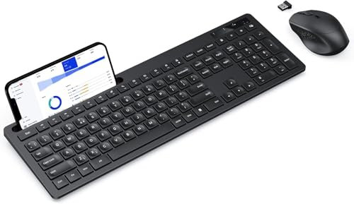 Wireless Keyboard and Mouse Set, Full Size QWERTY UK with Phone Holder, 2.4GHz USB Wireless Keyboard Mouse for Windows PC, Laptop, Desktop, Computer, Black