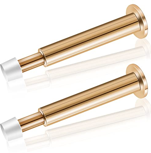 KOLAKO Lot de 2 butées de porte longues pour plinthes, fixation murale en métal pour l'intérieur, butée de porte réglable avec pare-chocs en caoutchouc, protection murale, doré