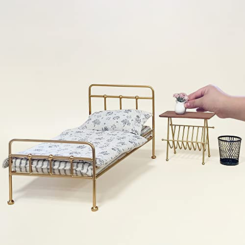 Aizulhomey Golden Dollhouse Bed Set (4pcs)-1/6 Scale Dollhouse Gold Miniature Furniture Decoration Accessories