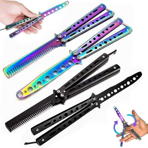 Nizirioo Set di 4 coltelli a farfalla da allenamento, lama non affilata, pettine a farfalla in acciaio inox, per coltello da allenamento Balisong, per principianti, colore: nero + colore