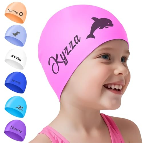 Badekappe Mädchen Lange Haare Personalisierte Kinder Badekappe mit Namen, NGTSFLY Schwimmkappe für Mädchen Damen und Jungen Bademütze Wasserdicht