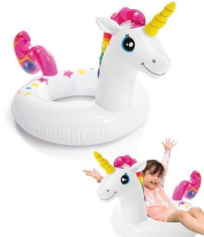 Unicornio Flotador hinchable 42 x 23 (107 x 58 cm) anillo de PVC para jugar al agua, flotador para deportes acuáticos, accesorios para fiestas, anillos grandes para bebés, niños, 2-6 años, verano,