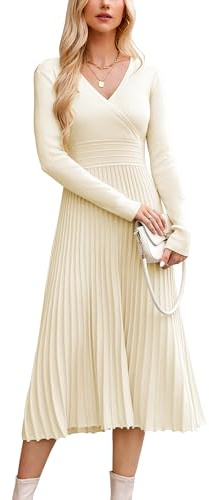 OUGES Maternity Jumper Dress for Women UK Long Winter Dresses Pleated Elegant Sweater Casual Knit Dress Fall-S Beige