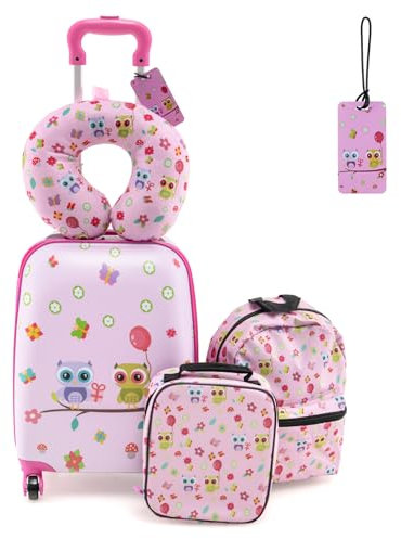 DREAMADE 5tlg Kinderkoffer Set, Kinder Reisekoffer mit Rucksack, Nackenkissen, Lunchtasche & Kofferanhänger, Reisetrolley mit Rollen für Kinder ab 3 Jahren, 30 x 23 x 46cm (Pink-Eule)