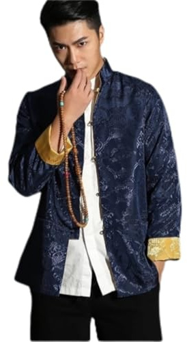 Tang Suit Men Hanfu Chinese Traditional Clothes Long Sleeve Top, Can be Worn on Both Sides (Blue and Gold, 3XL)