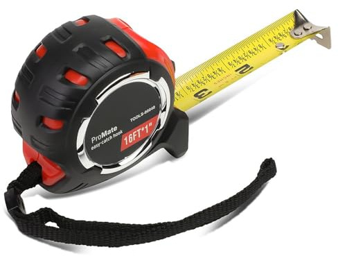 Auto Dynasty 16 ft Tape Measure Retractable Steel Blade Measure Reel with 1/16 inch Markings and Push Button Locking, Black