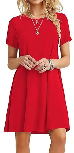 Zeagoo Femme Robe Col Rond Manches Courtes Robes d'été Mi-Longues T-Shirt-Robe avec Poches Rouge XXL