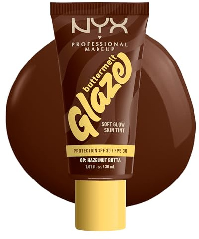 NYX Professional Makeup Base de Maquillaje Iluminadora Buttermelt Glaze, Acabado Natural y 12H de Duración, Con SPF 30, Para Todo Tipo de Piel, Tono: 09 Hazelnut Butta