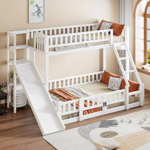 PUGSDRLY Lit Superposé Enfant 90(140) x200cm,Sommier à Lattes,Lit Mezzanine Enfant 2 Places avec Toboggan étagères et échelle,Design de Clôture Haute,Cadre de lit en Pin,sans Matelas,Blanc