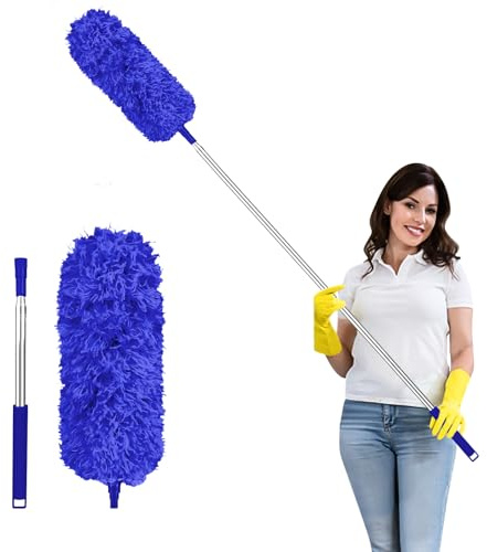 Fogray 2026 Upgraded Extendable Feather Duster with Soft Silicone Cap, Telescopic Long Handled Microfiber Dusters for Cleaning, Cobweb High Ceiling Fan Roof Blinds, Washable & Bendable(darkblue)