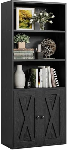 IRONCK Bücherregal mit 2 Türen, Standregal mit 5 Ebenen, Industriestil Bücherschrank, Vitrinenschrank Aufbewahrungsregal für Arbeitszimmer, Büro, Wohnzimmer, Schlafzimmer, Schwarz