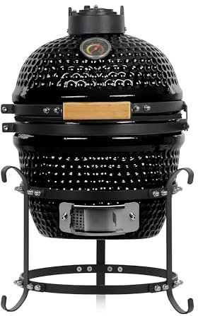 Barbecue Kamado Mini en Céramique - Ø32 cm - Charbon de Bois - Thermomètre Intégré - Poignée en Bois - Couleur Noir - Idéal Jardin, Terrasse, Camping
