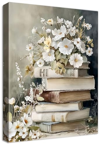Marco de Madera Cuadros Moderno Libros de Flores Vintage Cuadros Decorativos Lienzo Pintura Blanco Floral Imagen Oscuro Academia Estética Cuadro Decoracion Salon Dormitorio Sala de Estudio 30x40cm