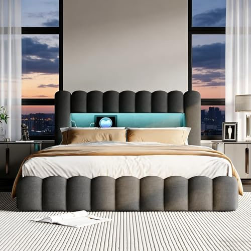 BRILVERDE Letto imbottito 140x200 con Contenitore idraulico, Letto matrimoniale a LED con USB, Funzionale con testiera, Struttura letto con rete a doghe, Lino (Nero, 140 x 200 cm)