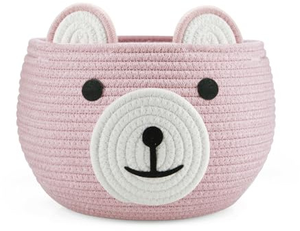 PandaEar Cesta de cuerda de algodón para bebé, cesta de regalo para bebé, organizador de ropa de cama de guardería con diseño adorable de oso para guardar los esenciales para bebés (rosa)