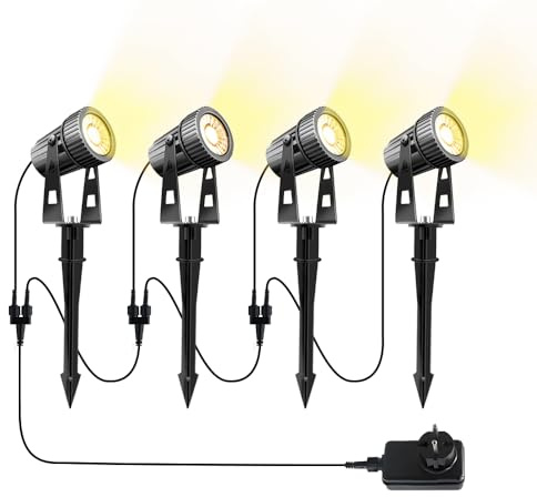 Großcat COB Faretti da Giardino con alimentatore, bianco caldo 3000K 4-in-1 Kit Luci per Giardino 12V con Spina IP65 per esterni Terrazza, vialetto da alberi, prato, vialetto d'ingresso
