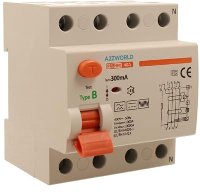 Interrupteur différentiel pur type B triphasé, sauveteur 300 mA 40 A, RCCB 3P+N 10 kA 380 V, 4 modules DIN, série PR8 HM électromagnétique, certifié IEC61008-1