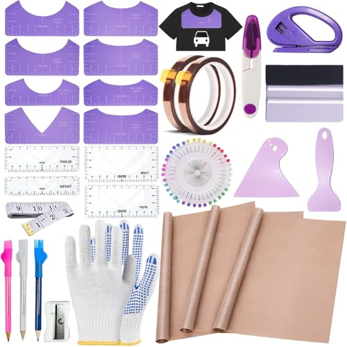 QUKLOGEN 68 Piezas Juego de Herramientas para Camiseta de sublimación,lámina de teflón para Prensa de Transferencia,Camiseta Ruler Guide Alignment para Accesorios de Costura, Accesorios de Plotter