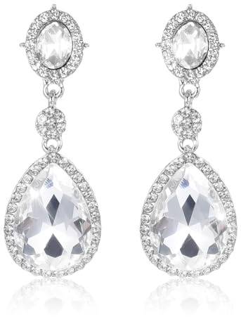 Diamond Earrings for Women, Teardrop-shaped Dangle Earrings, Rhinestone Clip-On Dangle Earring, Wedding and Party Costume Jewelry