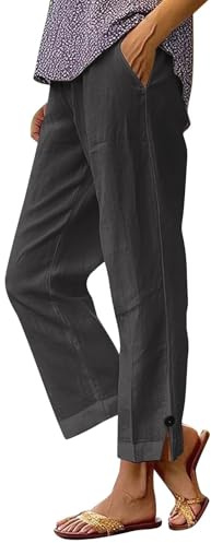 Womens Linen Trousers 2026 Summer Elasticated Waist Cropped Ladies Gauze Trousers with Pockets Wide Leg Lightweight Breathable Pants Casual Loose Holiday Beach Pants Plus Size