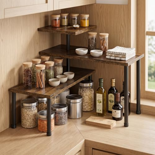 Hahorpa Estanteria Esquina para Cocina Encimera, 3 Niveles de Estanteria Cocina Ajustables, Ahorro de Espacio Estanterias Madera y Metal, Pequeño Organizador de Especias, Café y Tazas