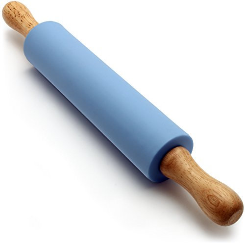 iGadgitz Home U6757 Small Non-Stick Silicone Rolling Pin with Wooden Handles for Baking, Mini Pastry Dough Roller, Fondant, Pizza - Blue 30cm (12)