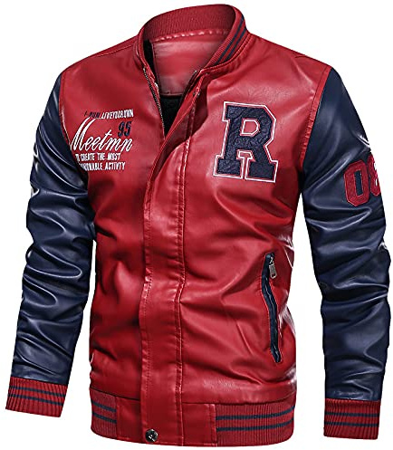 Hommes Veste Casuel Cuir PU Teddy Baseball Blouson avec Doublure Jackets Rouge L