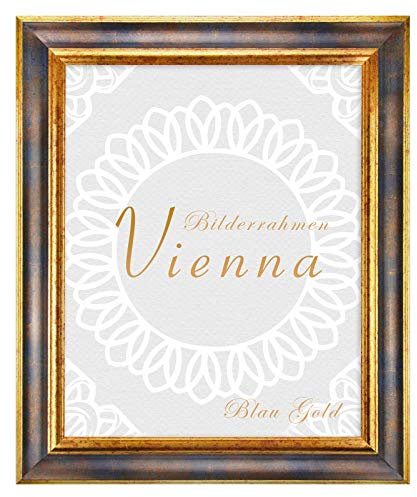 BIRAPA Bilderrahmen gold Vienna Rahmen 21x29,7 cm - Bilderrahmen vintage in Blau Gold, Bilderrahmen Holz mit Zierleiste innen und außen, Fotorahmen, Holzrahmen