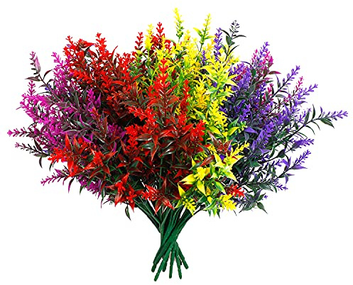 HBell 12 Bundles Outdoor Artificial Flowers UV Resistant Fake Boxwood Plants, Faux Plastic Greenery for Indoor Outside Hanging Plants Garden Porch Window Box Home Wedding Farmhouse Decor (Multi)