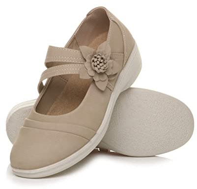 AJVANI Womens Ladies Wide fit Flat Grip Sole Padded Mary Jane Hook & Loop Comfort Shoes Size