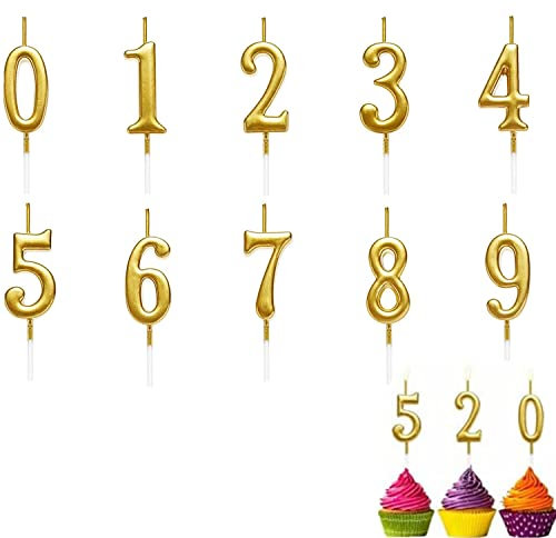 Number Candles,10 Pieces Birthday Cake Numeral Candles Number 0-9 Glitter Cake Topper Decoration irthday Cake Candles Gold Glitter Birthday Number Candle for Birthday Party Favor Anniversary Wedding