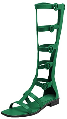 ANUFER Women's Open Toe Adjustable Strappy Sandals Knee High Gladiator Roman Sandals Boots with Zipper Green SN0702131 US9