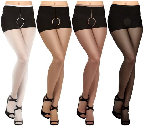 Bencailor 4 Pair Halloween Women's Crotchless Fishnet Pantyhose High Waist Sheer Open Stockings Crotch See Through Thigh High(Black, White, Skin, Coffee)