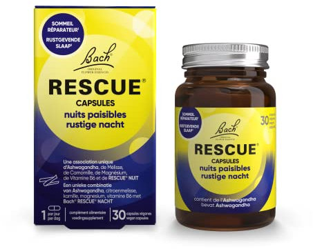 RESCUE NUIT - Capsules Nuits Paisibles - Sommeil réparateur, relaxation optimale - Mélange de 6 Fleurs de Bach Original, vitamines, phyto et minéraux - 30 Capsules