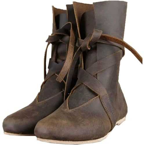 DJFOG Bottes de Chevalier médiévales en Cuir PU, Bottes de Cosplay médiévales Renaissance pour Hommes et Femmes, Bottes Vintage à Fond Plat, Chaussures à Lacets,Marron,45 EU