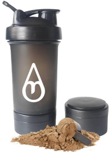 Motivai® Shaker Bottle - Schwarz - 600ml | 3-teiliger Shaker mit Pulverfächern und Mischkugel | BPA-frei | Protein, Pre-Workout, Supplements